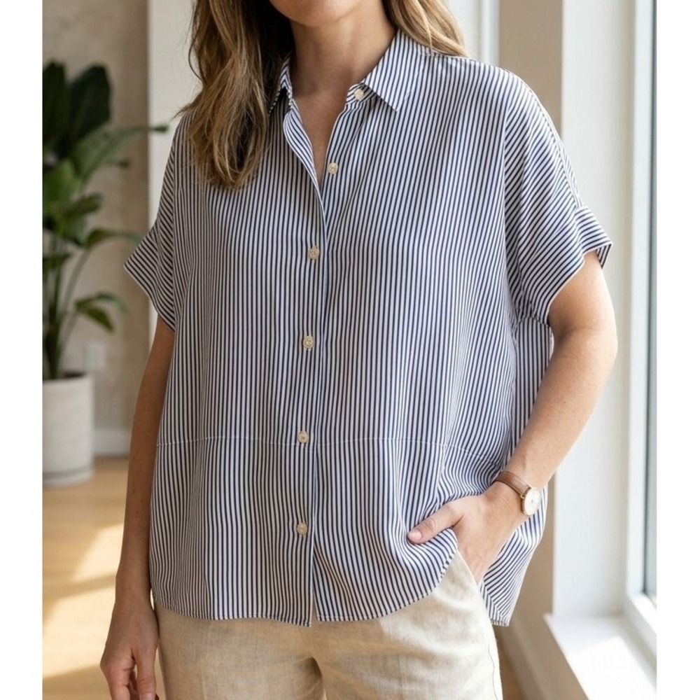 Everlane Washable Silk Boxy Short Sleeve Button Up Striped Shirt Women's 8